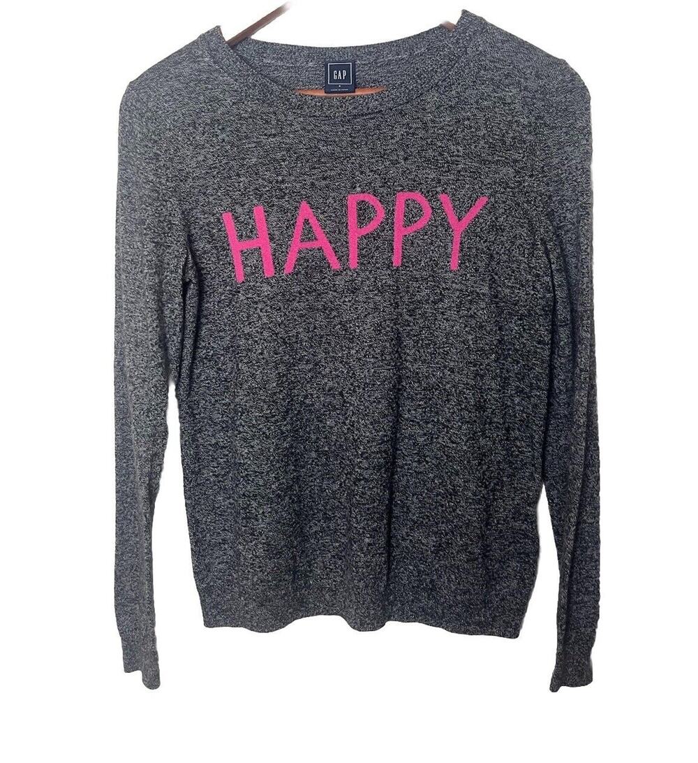 GAP Women’s Sz XS Gray Pink “HAPPY” Merino Wool Blend Lightweight Sweater